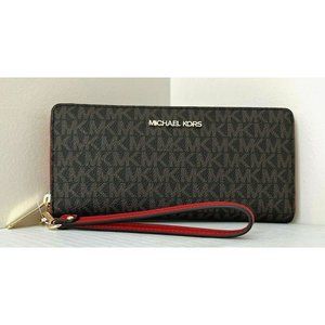 New Michael Kors Jet Set Large Travel Continental wallet Brown / Flame